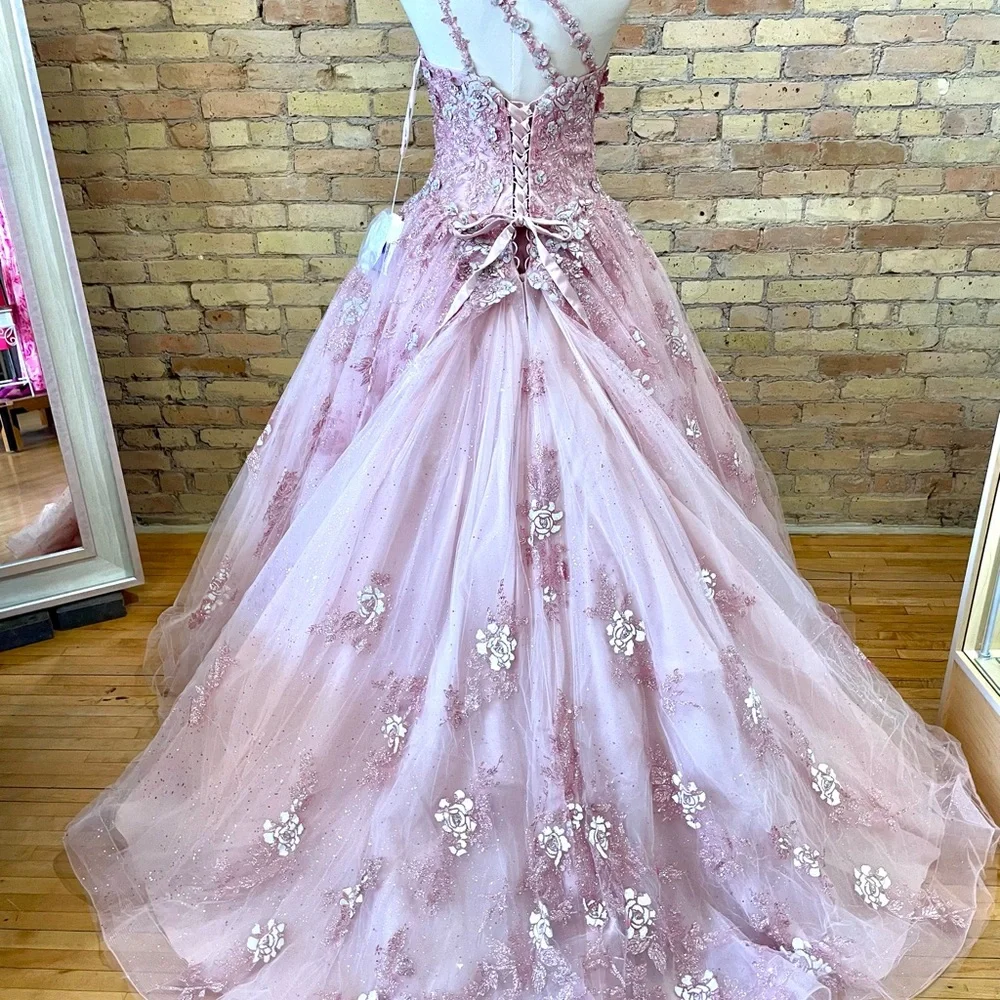 Mori Lee Quiceanera Sweet 16 Pink One Shoulder Ball Gown, sz 18 - Picture 4 of 8